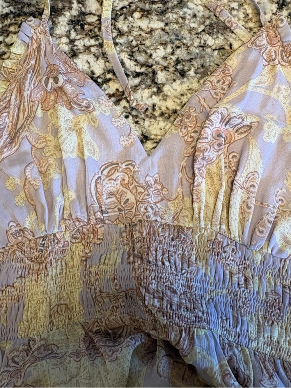 Mystree Lavender & Cream Paisley Maxi Dress with Tan Accents